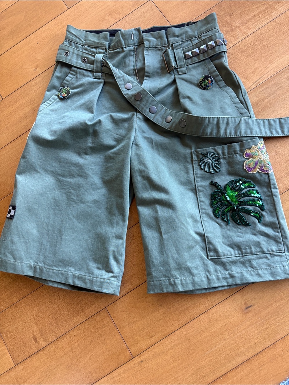 Marc Jacobs Olive Embellished Cropped Cargo Shorts